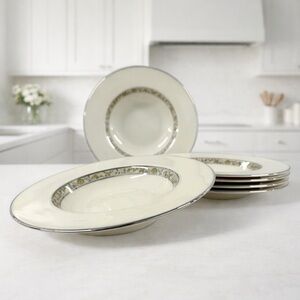 Lenox Springdale Rimmed Soup Bowls Platinum Trim Ivory China USA Set of 6